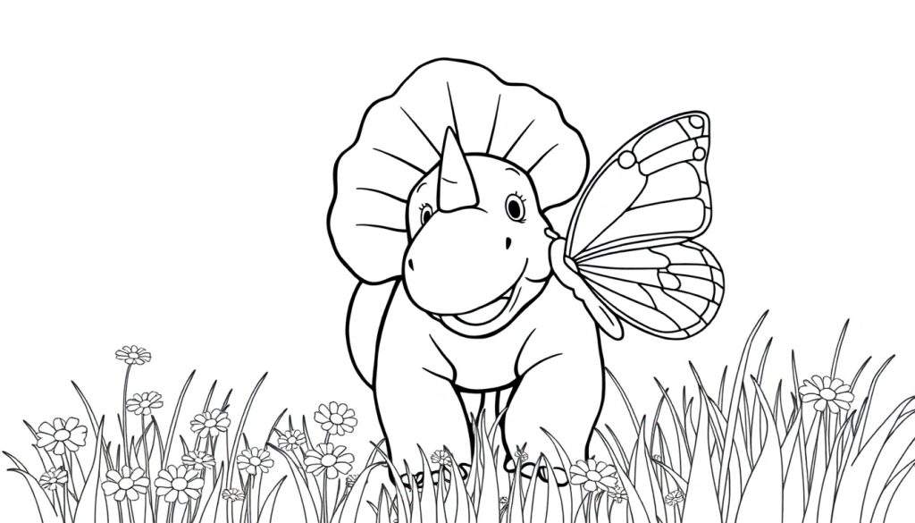 A black and white coloring panel of a smiling baby triceratops with a butterfly wing on its side, standing in a field of grass and daisies.