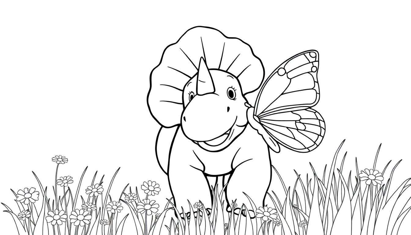 A black and white coloring panel of a smiling baby triceratops with a butterfly wing on its side, standing in a field of grass and daisies.
