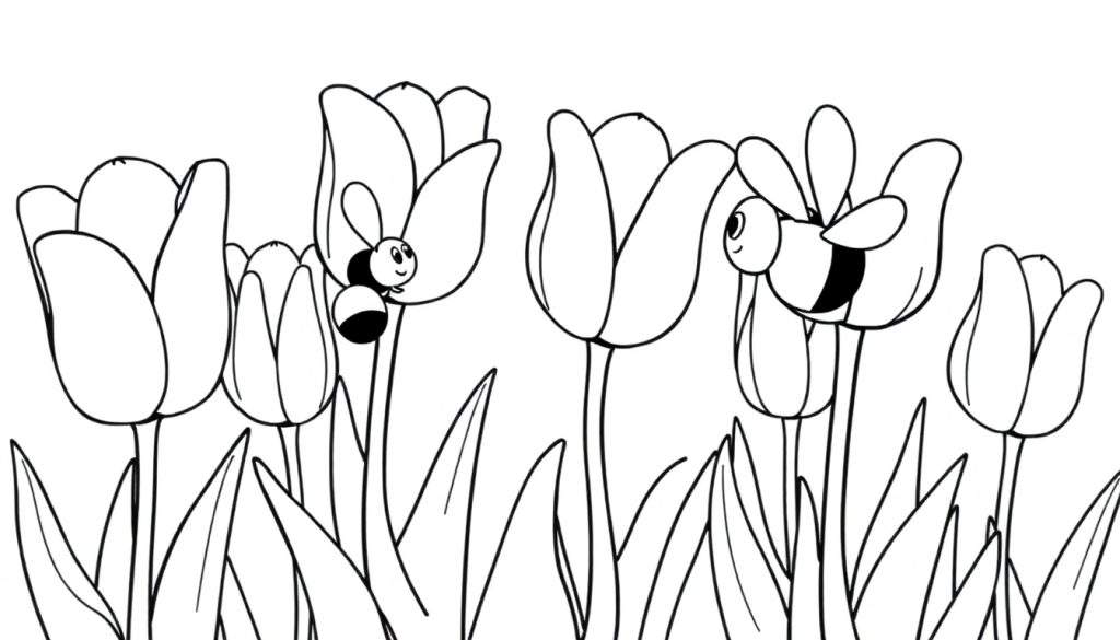 A black and white coloring page showing tulips and bees, a fun color panel for kids.