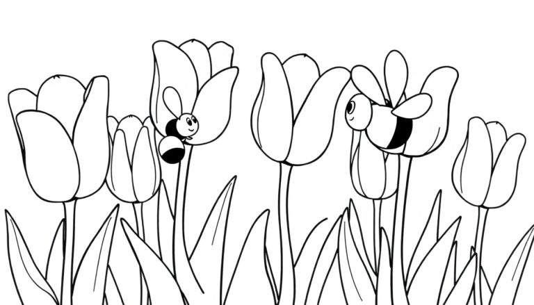 A black and white coloring page showing tulips and bees, a fun color panel for kids.