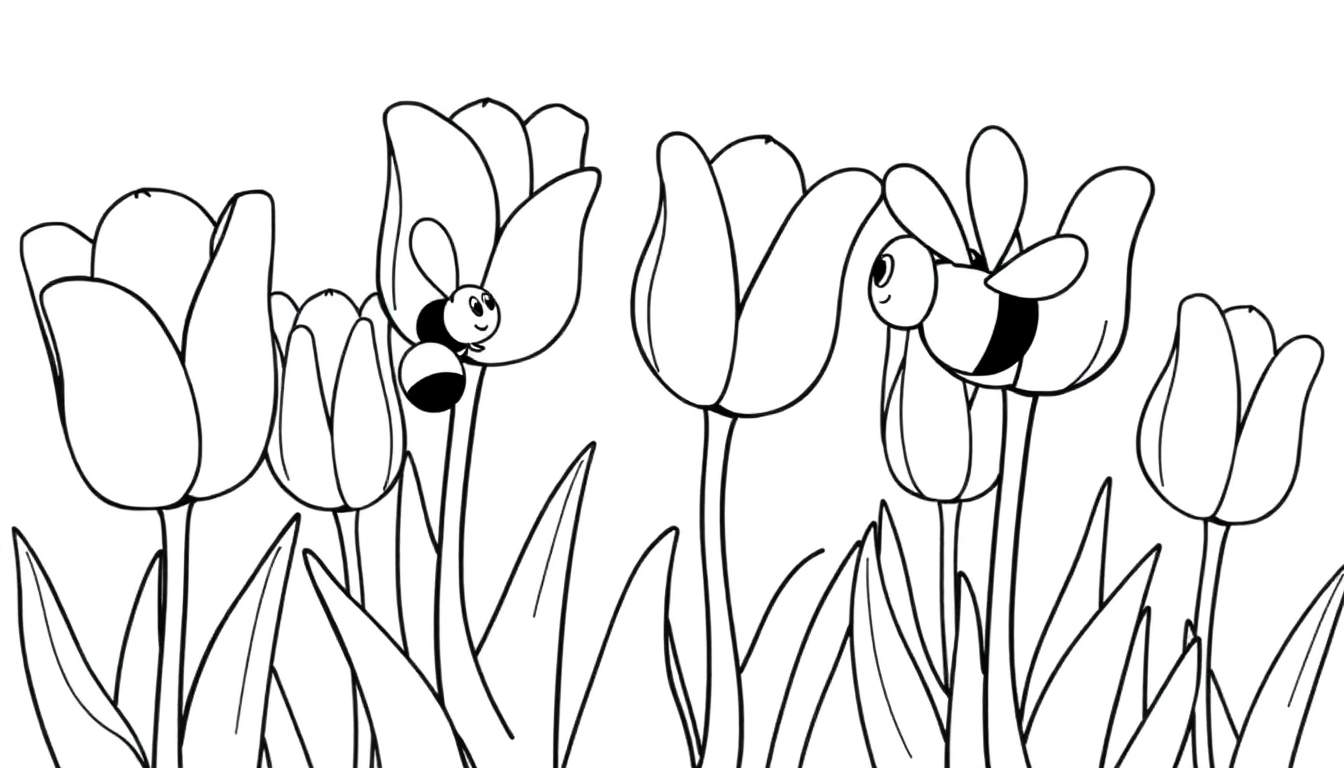 A black and white coloring page showing tulips and bees, a fun color panel for kids.