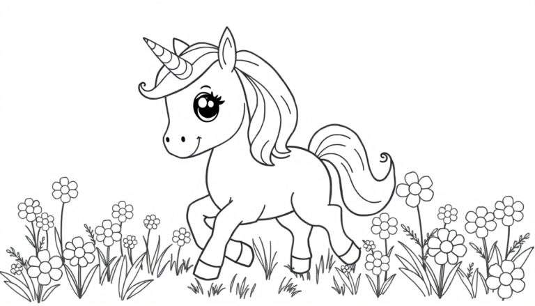 A cute unicorn with a flowing mane and tail, ready for coloring in a color panel. Black and white for endless imagination.
