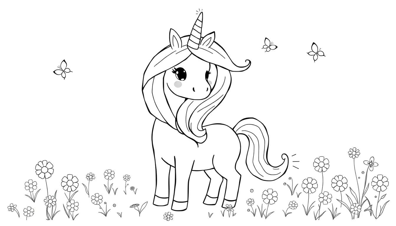 A cute unicorn in a flower field, ready for coloring. This color panel features a unicorn with butterflies.