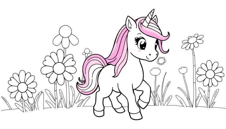 A cute, cartoon unicorn in a flower field, ready for a color panel.