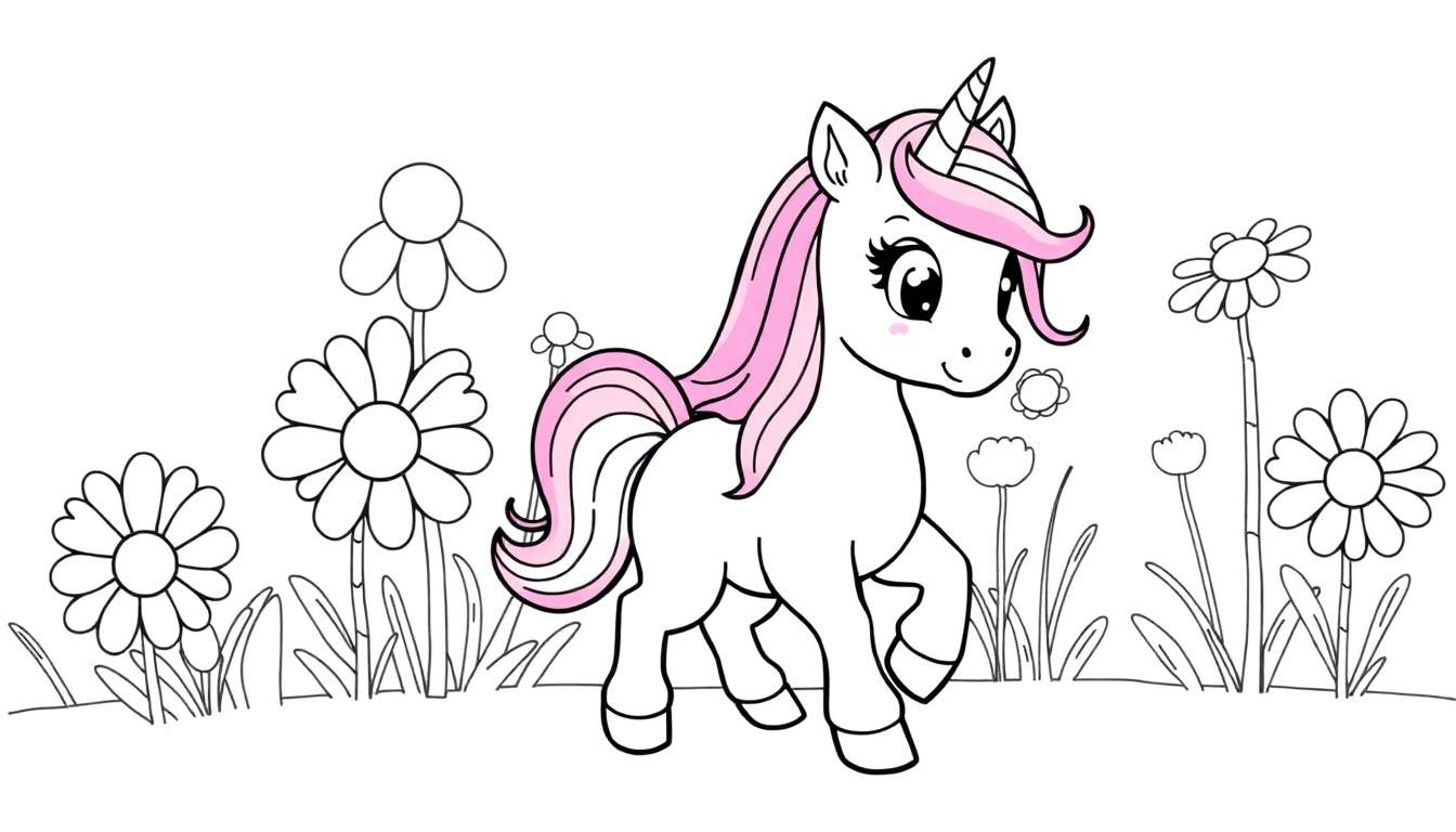 A cute, cartoon unicorn in a flower field, ready for a color panel.