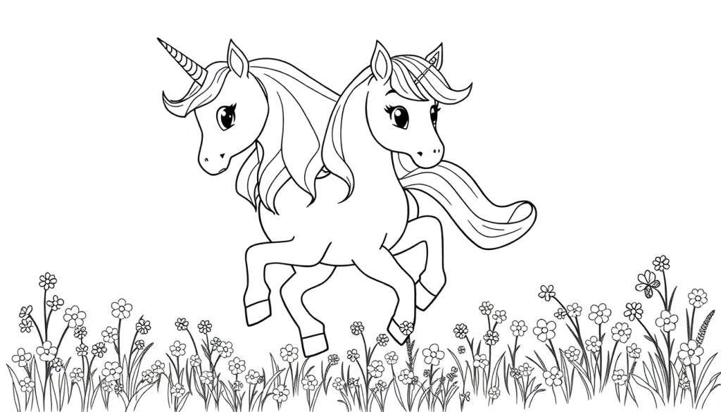 A black and white line drawing of two unicorns with flowing manes and tails, surrounded by flowers, perfect for a color panel.