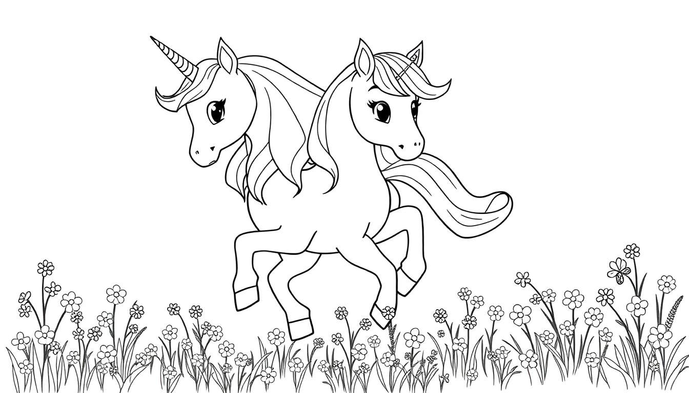 A black and white line drawing of two unicorns with flowing manes and tails, surrounded by flowers, perfect for a color panel.