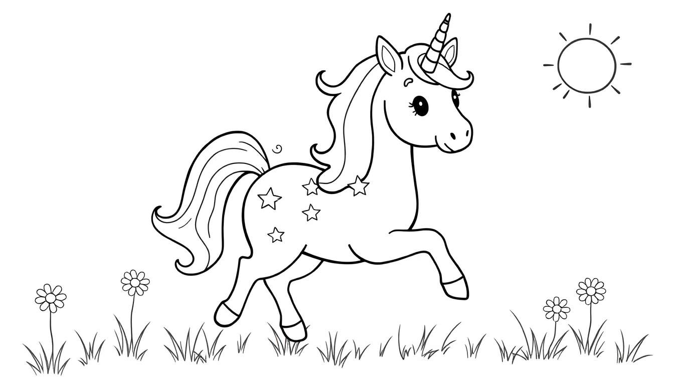 A cute unicorn with stars on its body running through a field, a black and white color panel for kids.