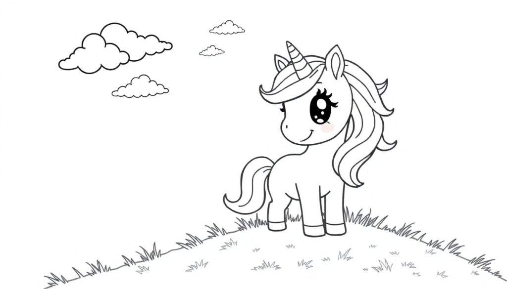 A cute unicorn on a grassy hill, a black and white color panel ready for coloring.