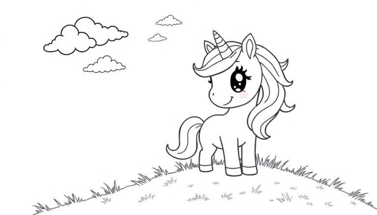 A cute unicorn on a grassy hill, a black and white color panel ready for coloring.
