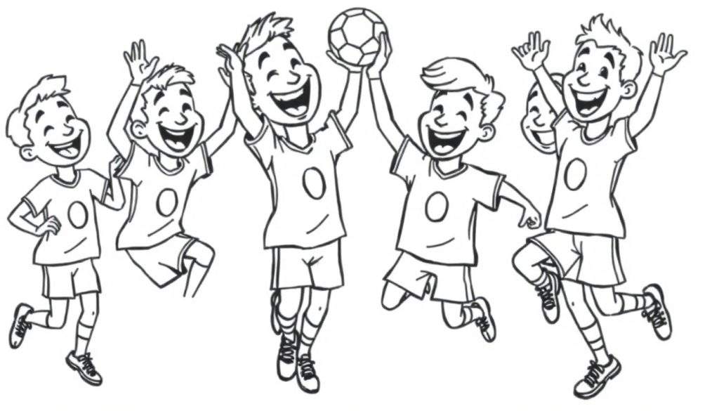 A happy cartoon soccer team jumping and celebrating with a soccer ball, ready for a color panel.