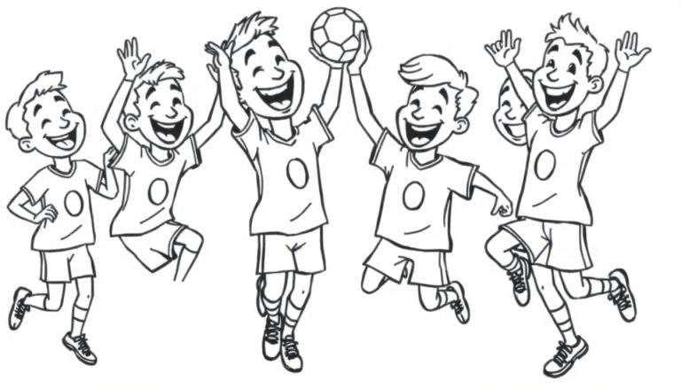 A happy cartoon soccer team jumping and celebrating with a soccer ball, ready for a color panel.