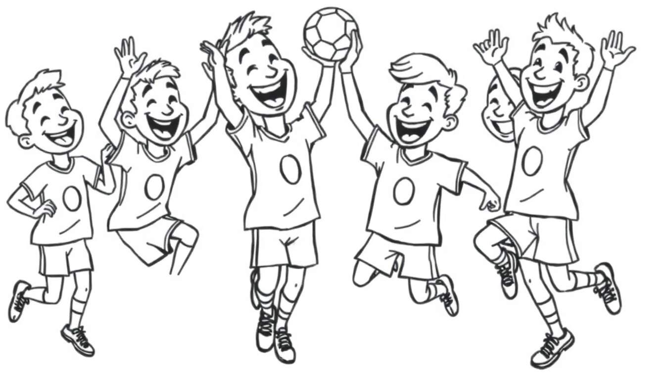 A happy cartoon soccer team jumping and celebrating with a soccer ball, ready for a color panel.