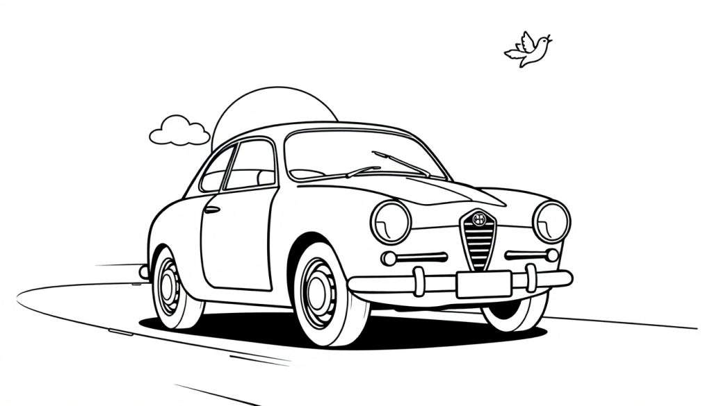 A black and white drawing of a vintage car for a color panel, with a sun and a bird.