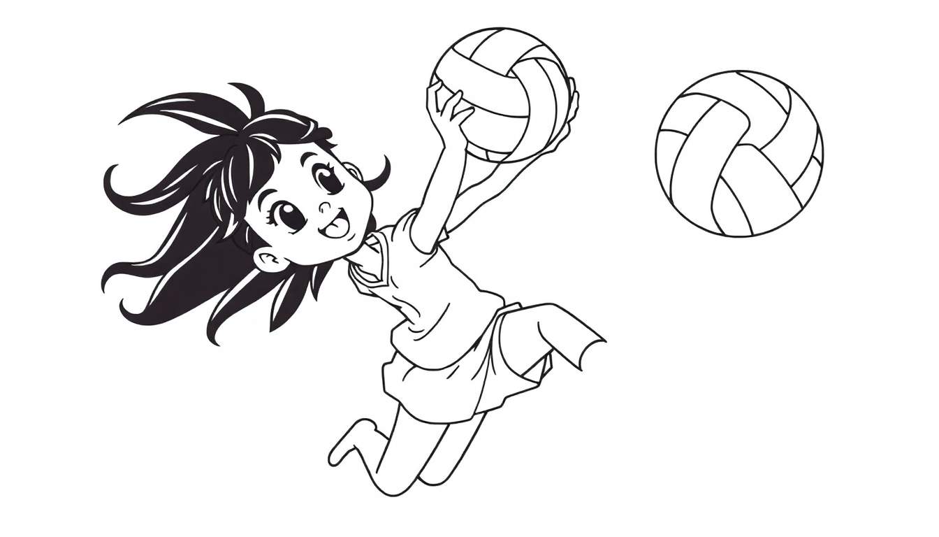 A cute black and white cartoon girl jumping for a volleyball spike, ready for a color panel. Line art for coloring.