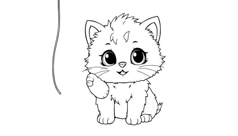 A cute black and white cartoon cat sitting and waving, with a string, presented as a color panel.