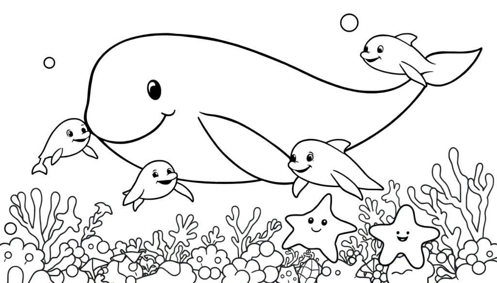 A black and white cartoon illustration of a happy whale and dolphins in a coral reef, perfect for a color panel.