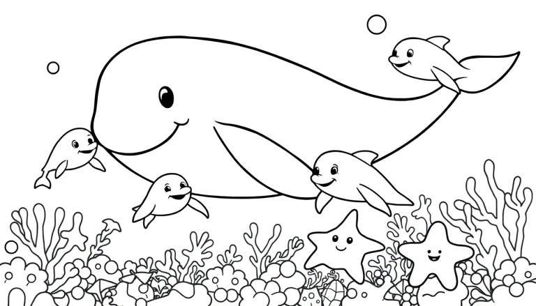 A black and white cartoon illustration of a happy whale and dolphins in a coral reef, perfect for a color panel.