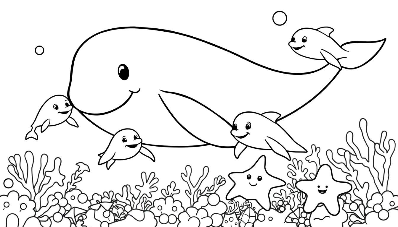 A black and white cartoon illustration of a happy whale and dolphins in a coral reef, perfect for a color panel.