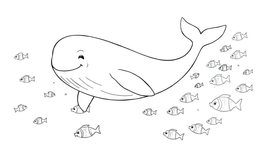 A friendly whale smiling in a color panel, surrounded by little fish, ready to be colored.