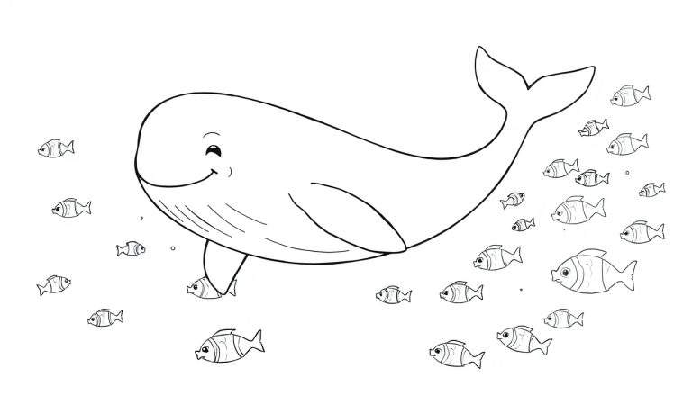 A friendly whale smiling in a color panel, surrounded by little fish, ready to be colored.