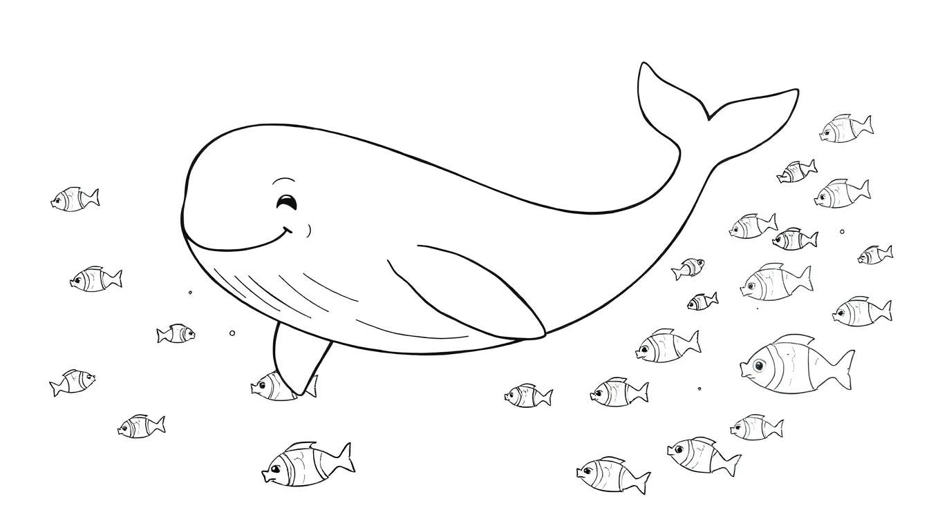 A friendly whale smiling in a color panel, surrounded by little fish, ready to be colored.