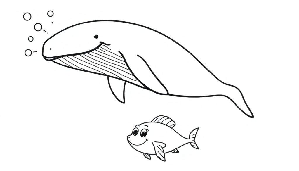 A black and white coloring page of a whale and fish with bubbles, a fun color panel.