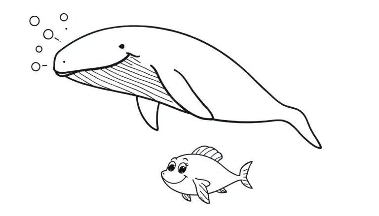 A black and white coloring page of a whale and fish with bubbles, a fun color panel.