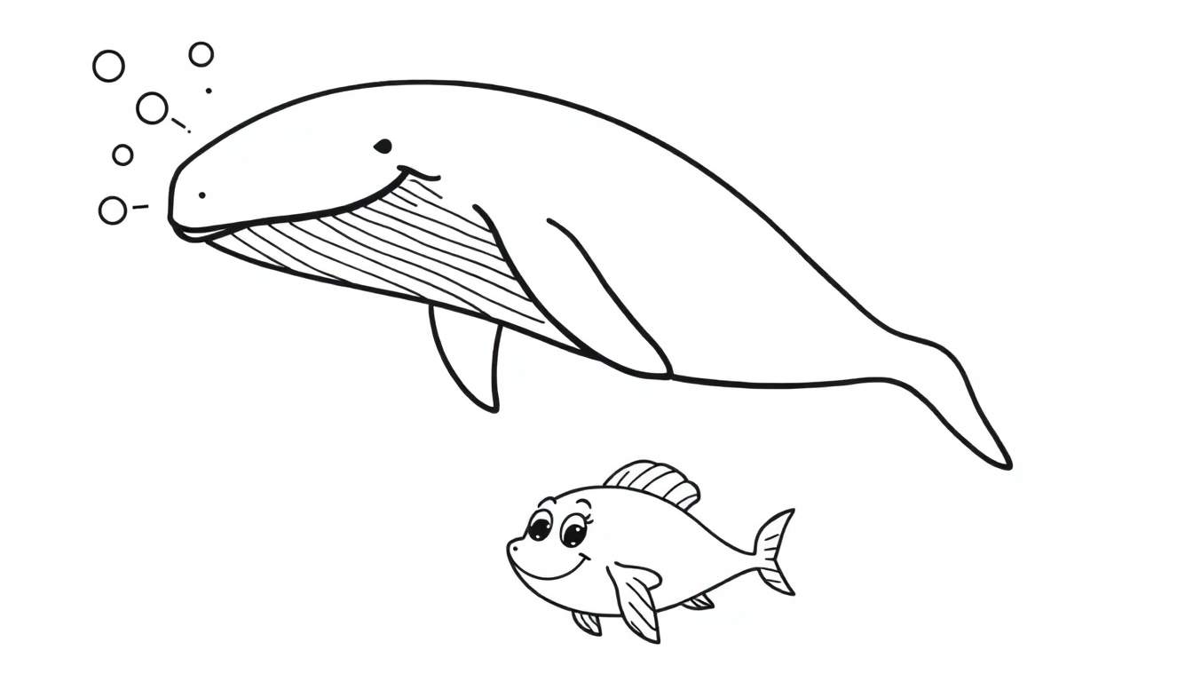 A black and white coloring page of a whale and fish with bubbles, a fun color panel.