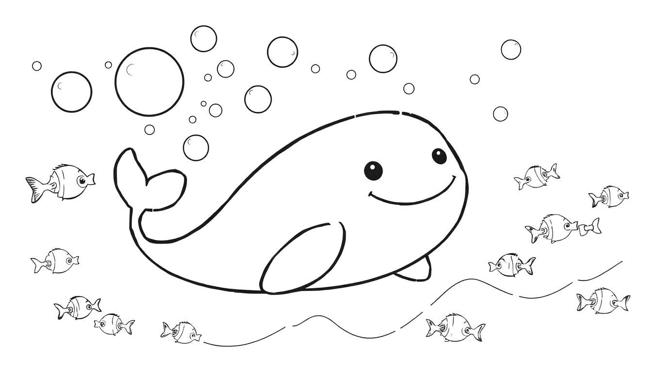 A black and white cartoon illustration of a friendly whale surrounded by bubbles and fish, ready for a color panel.