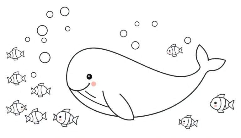 A black and white whale coloring page with fish and bubbles.