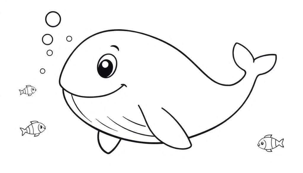 A friendly whale with bubbles and fish, ready for a color panel adventure!