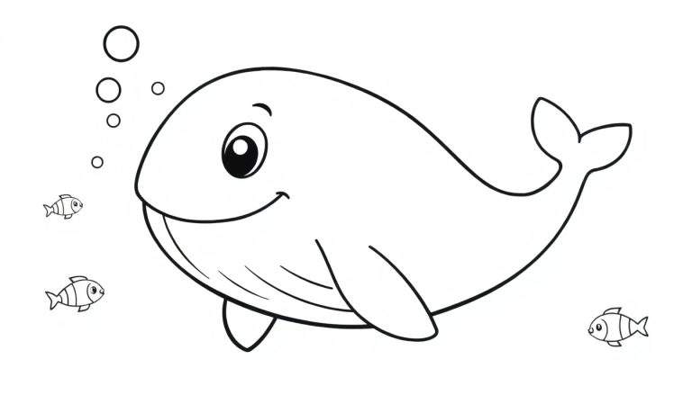 A friendly whale with bubbles and fish, ready for a color panel adventure!