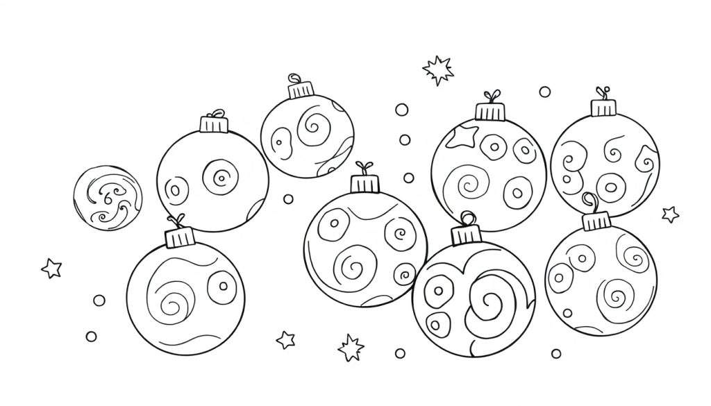 A black and white drawing of whimsical Christmas ornaments with swirl patterns and tiny stars, ready for a color panel. Some have hangers, one doesn't.