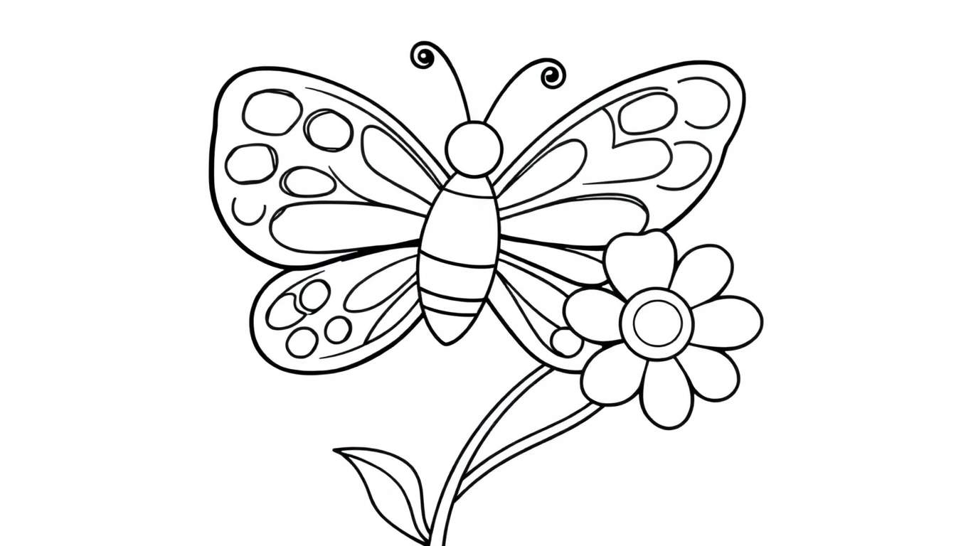 A whimsical butterfly with large, patterned wings for a child's black and white coloring page. Simple lines, no color panel.