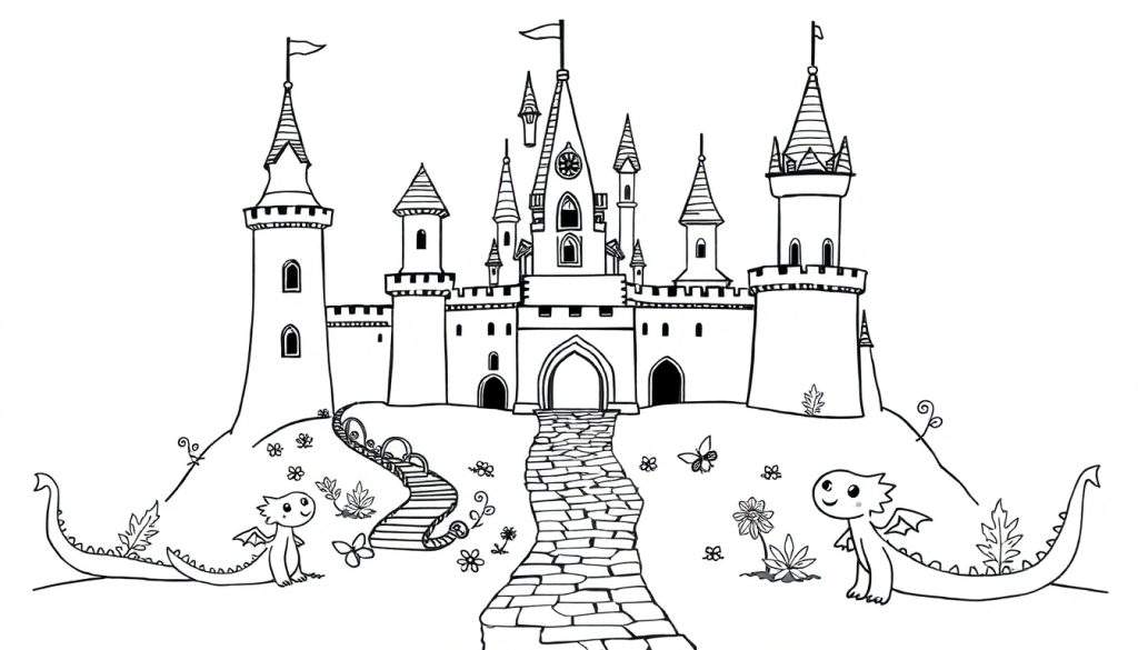 A whimsical black and white castle color panel with friendly dragons, ready for coloring fun!