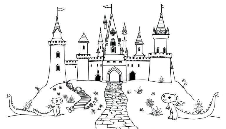 A whimsical black and white castle color panel with friendly dragons, ready for coloring fun!