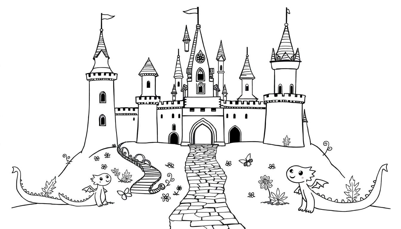 A whimsical black and white castle color panel with friendly dragons, ready for coloring fun!
