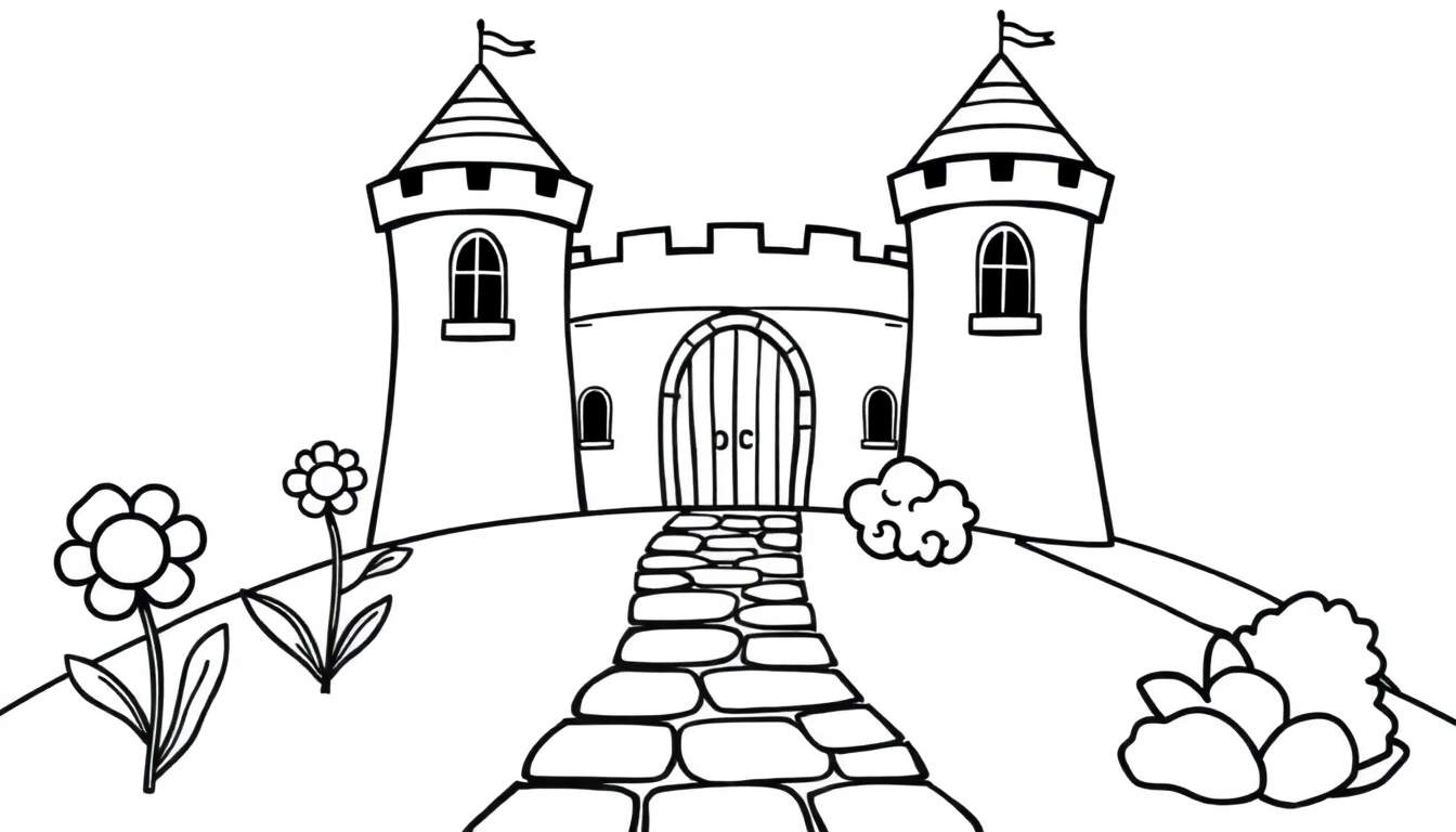 A black and white cartoon castle with two towers and an arched gate, on a color panel.