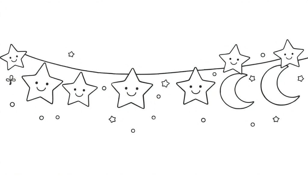 A cheerful black and white color panel drawing of smiling stars and moons making a garland.