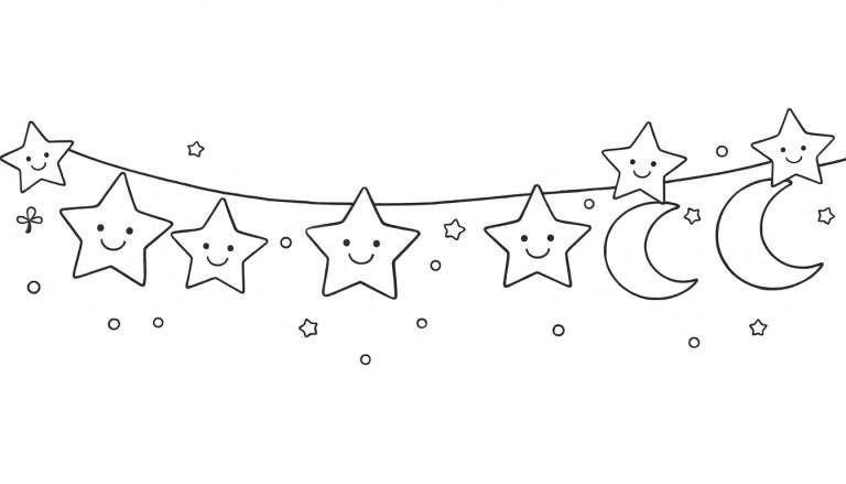 A cheerful black and white color panel drawing of smiling stars and moons making a garland.