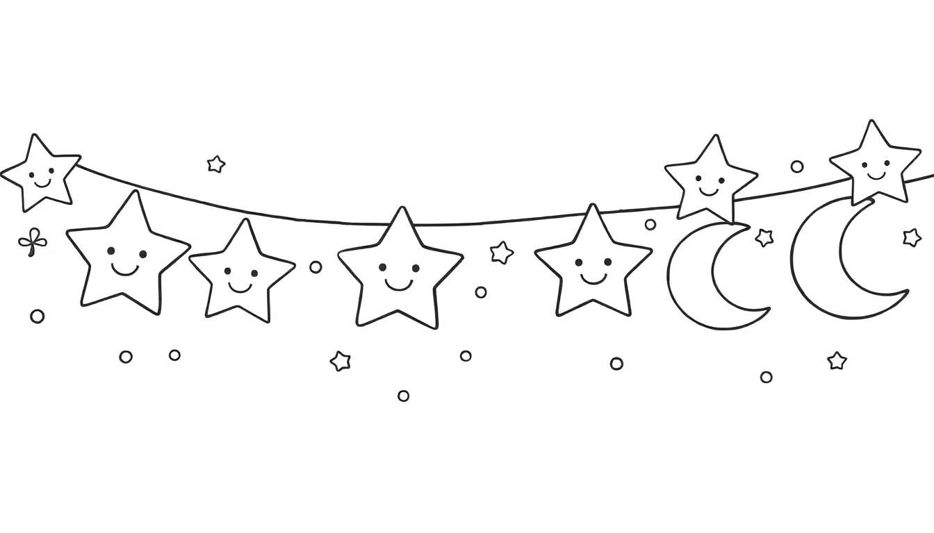 A cheerful black and white color panel drawing of smiling stars and moons making a garland.