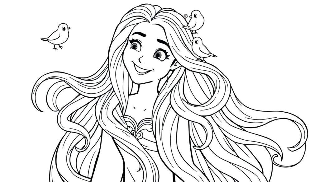 A black and white drawing of a happy girl with super long hair, perfect for a color panel, with little birds in her hair and flying around. This color panel is ready for your artistic touch!