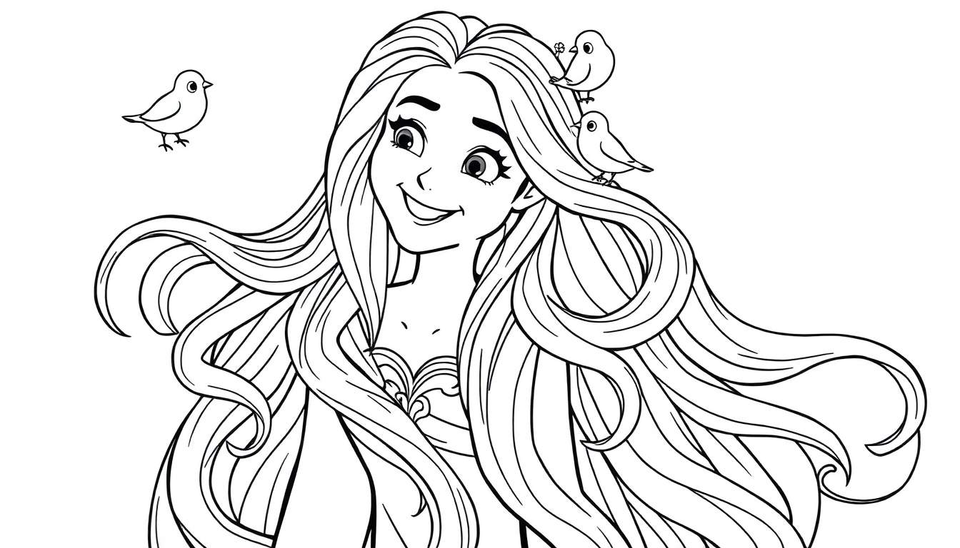 A black and white drawing of a happy girl with super long hair, perfect for a color panel, with little birds in her hair and flying around. This color panel is ready for your artistic touch!