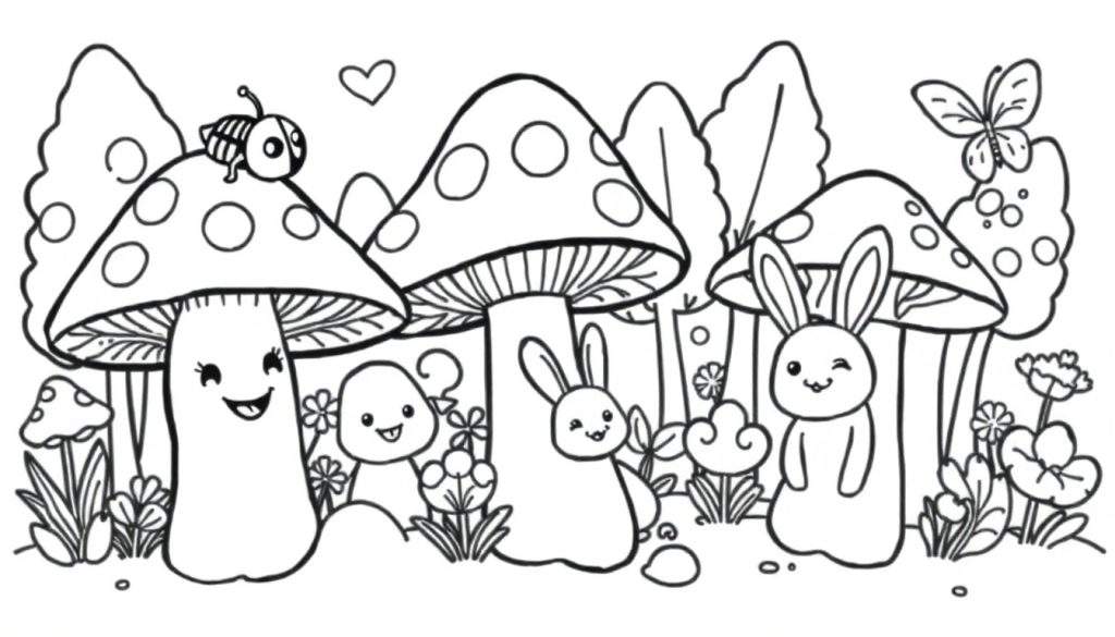 A cute black and white mushroom forest color panel with friendly mushrooms and happy little critters.