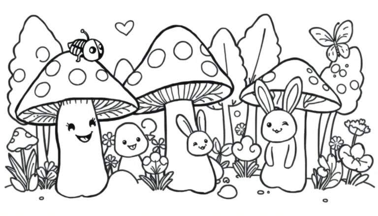 A cute black and white mushroom forest color panel with friendly mushrooms and happy little critters.