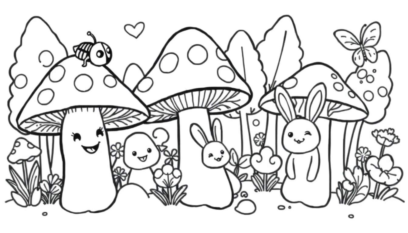 A cute black and white mushroom forest color panel with friendly mushrooms and happy little critters.