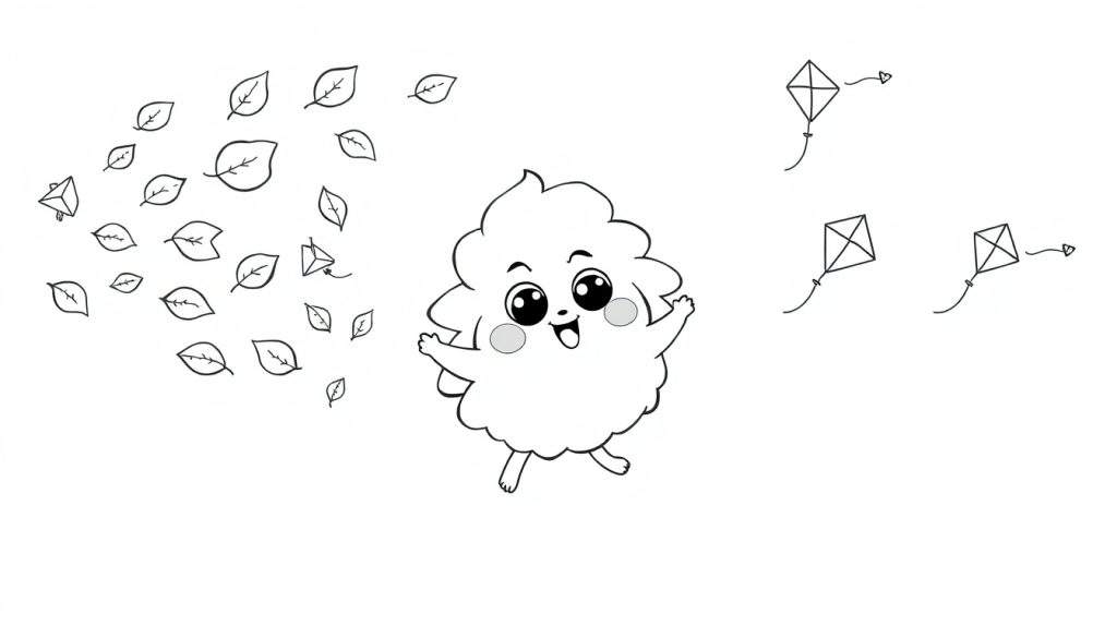 A cheerful black and white wind character blowing leaves and kites on a color panel.