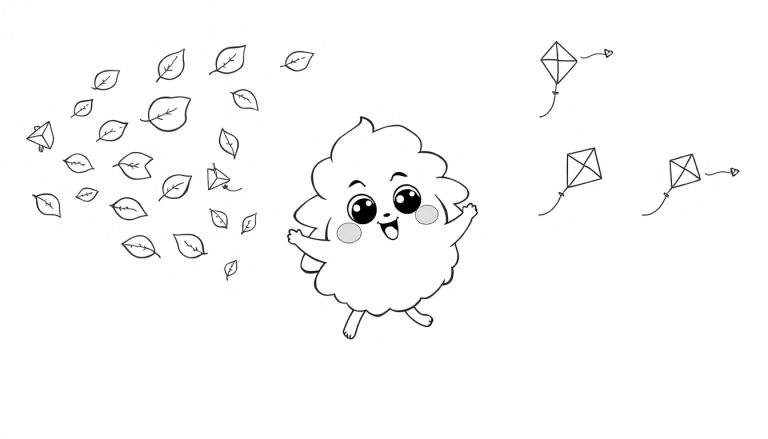 A cheerful black and white wind character blowing leaves and kites on a color panel.
