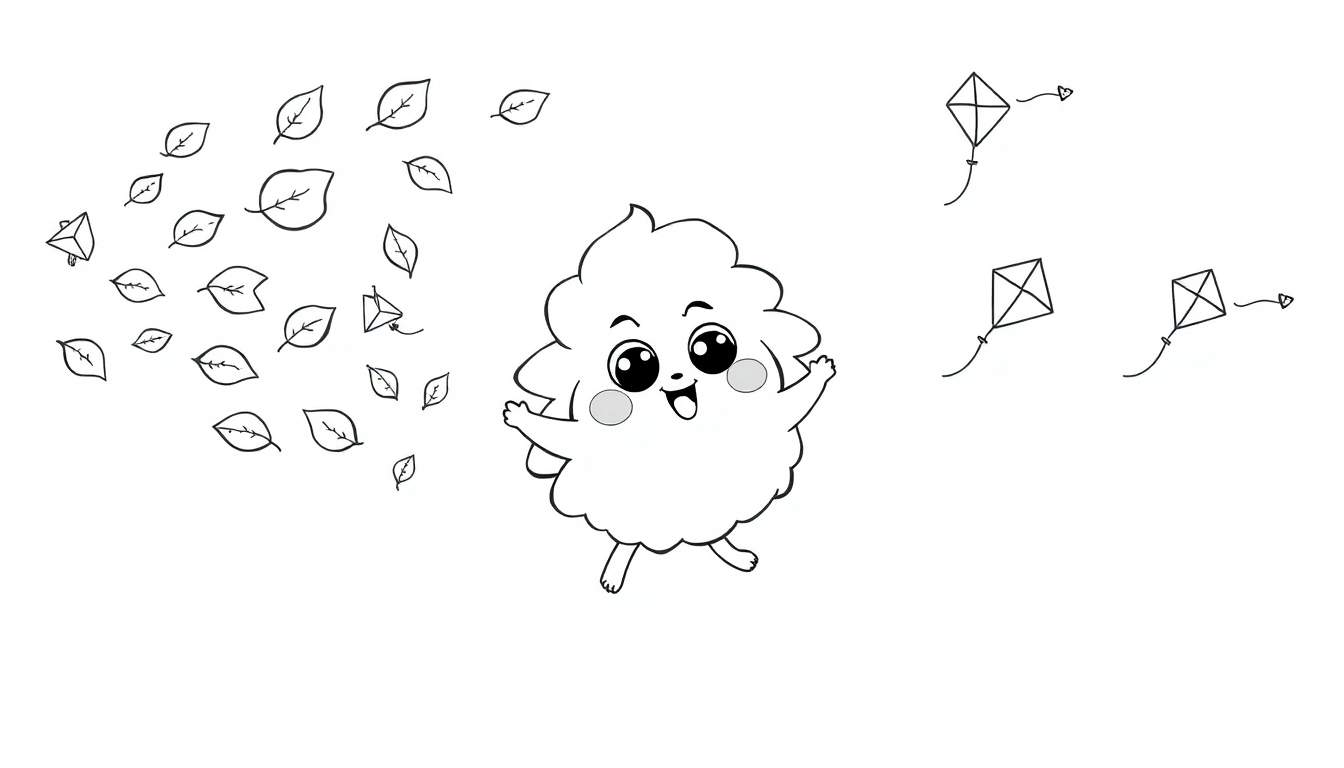 A cheerful black and white wind character blowing leaves and kites on a color panel.